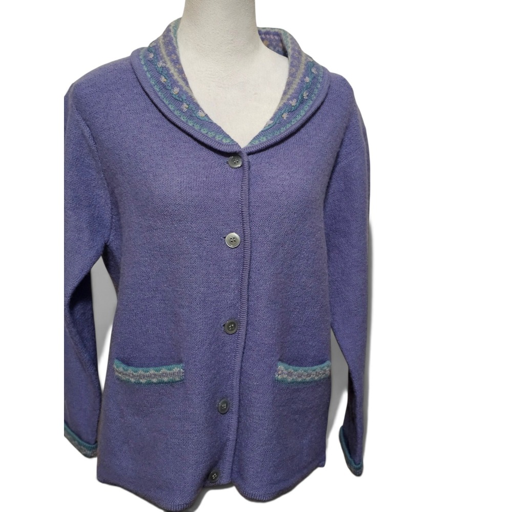 Vintage Jantzen 100% Wool Purple Cardigan Sweater FairIsle Collar Embroidered PM